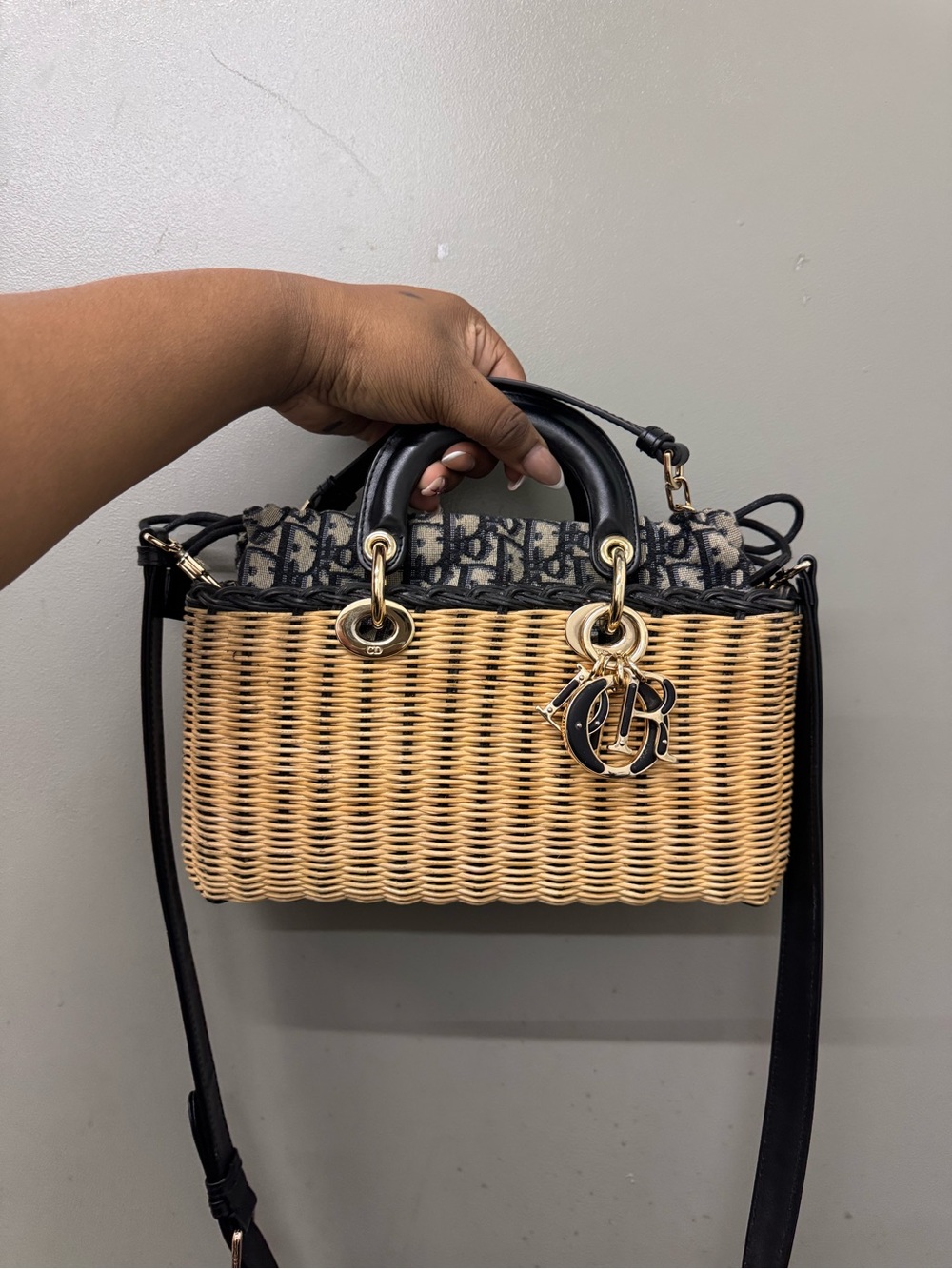 Dior Beige/Navy Blue Wicker and Leather Medium Dioriviera Lady D-Joy Bag